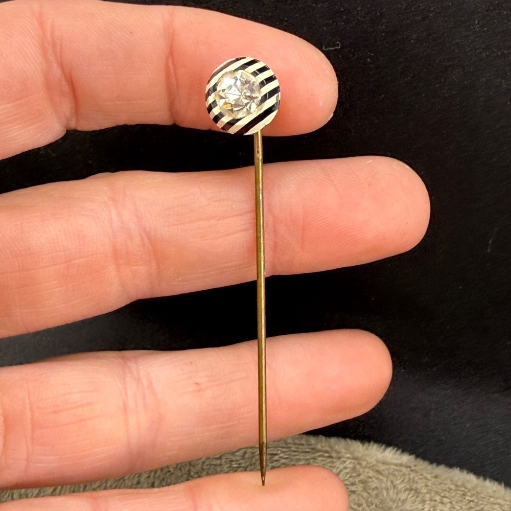 Vintage Estate Stick Pin Gold Tone Black White Striped Acrylic Rhinestone